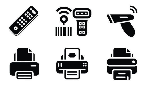 Office electronic hardware solid icon set featuring remote control barcode scanning terminal wireless laser reader and various document printer models