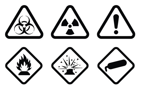 Hazard warning sign vector set containing biohazard radiation exclamation mark flammable explosive and compressed gas symbols isolated on white background