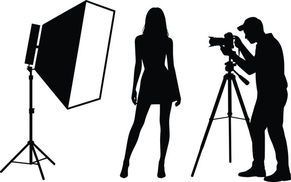 Photographer taking picture of woman with studio lighting equipment on tripod and professional photography and film set and performance art