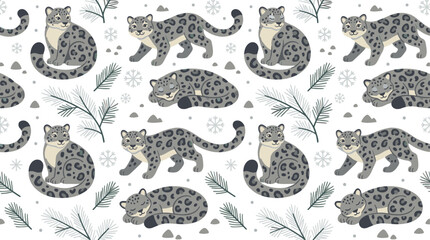Seamless winter vector pattern featuring cute cartoon snow leopards pine branches and snowflakes elements for kids textile wallpaper background design © MdMehedi