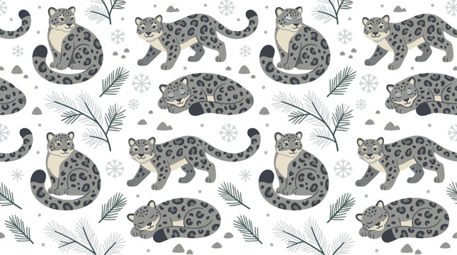 Seamless winter vector pattern featuring cute cartoon snow leopards pine branches and snowflakes elements for kids textile wallpaper background design