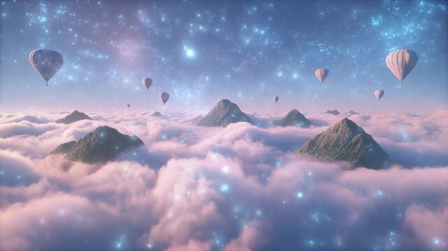 Seamless Loop of a Serene Dreamscape Above Glowing Pink Clouds with Hot Air Balloons and Floating Islands under a Sparkling Starry Sky, Cinematic Full HD Motion Background