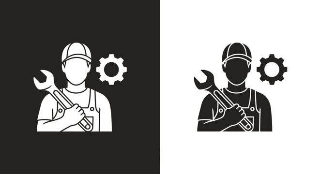 Minimalist Mechanic Glyph Vector Icon with Wrench and Gear Symbol in Black and White