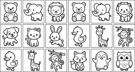 Set of cute cartoon baby animal icons in square frames for kids coloring book page featuring lion elephant bear monkey giraffe and penguin vector © MdMehedi