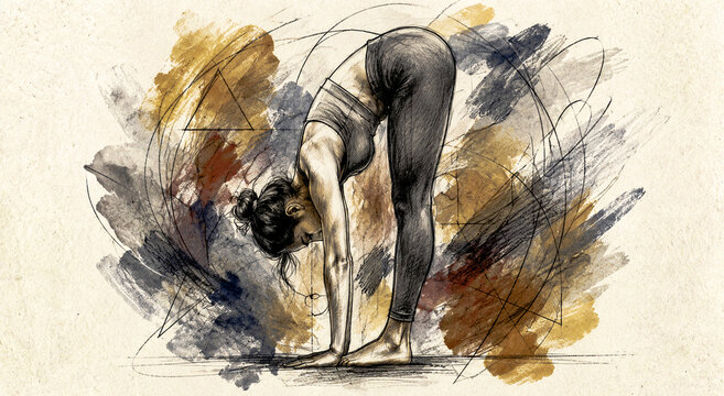 Expressive artistic sketch of a woman in a standing forward bend yoga pose with a geometric watercolor background