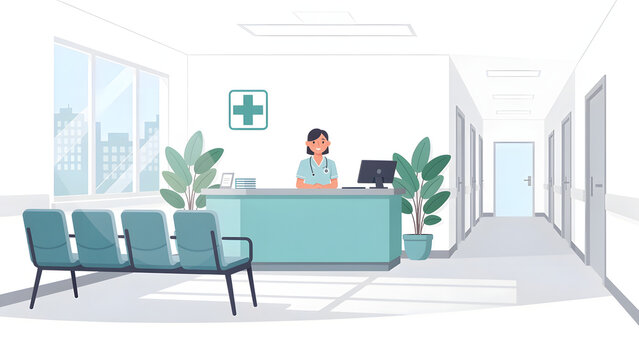 Clean clinic lobby with nurse desk and empty waiting area vector illustration