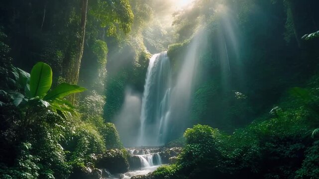 Stunning Tropical Waterfall with Golden Sun Rays Piercing Lush Emerald Jungle Canopy, Cinematic Full HD Motion Background Loop Footage