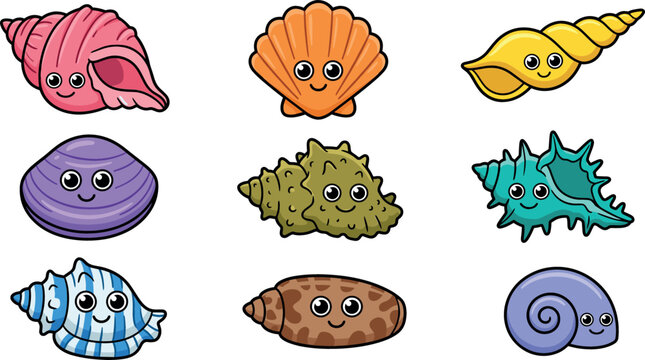 Set of cute cartoon seashell characters with smiling faces including scallop conch clam and murex shells isolated on white background vector illustration