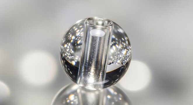 Macro shot of a clear crystal glass bead with bubbles and reflections.