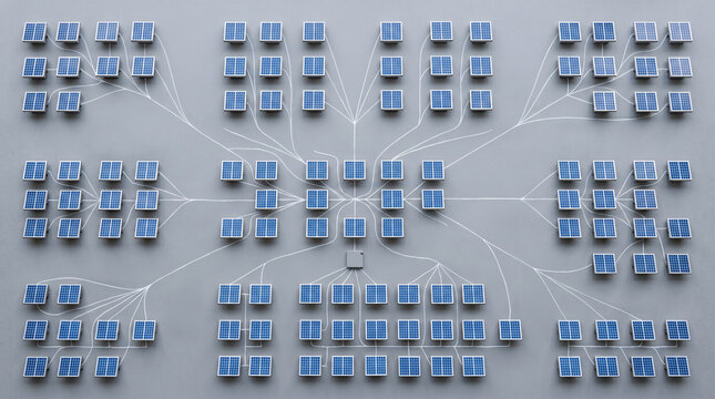 Clean blue cubes form a central network on gray background. White lines connect each cube, suggesting structure and flow