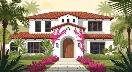 Fototapeta premium Luxury Mediterranean Style Villa with Red Tile Roof and Tropical Garden Architecture Illustration