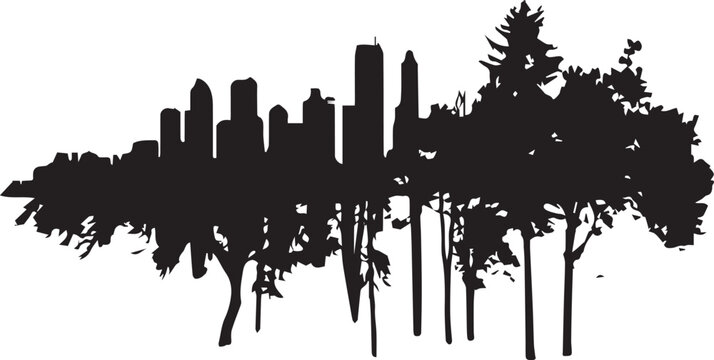 Urban skyline silhouette with trees and nature in juxtaposition representing city life and environmental balance.