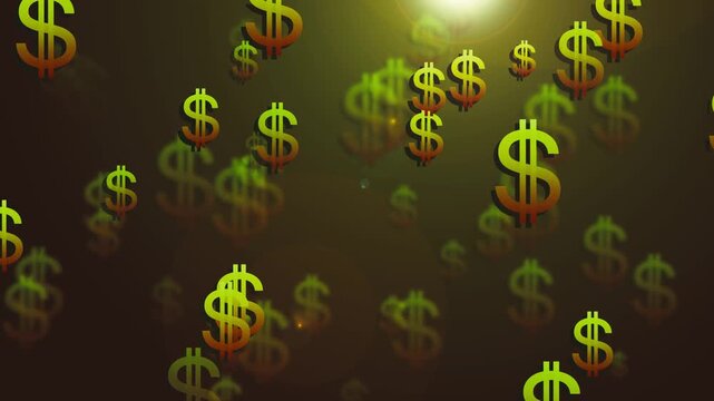 Dollar signs falling background with light flare animation
