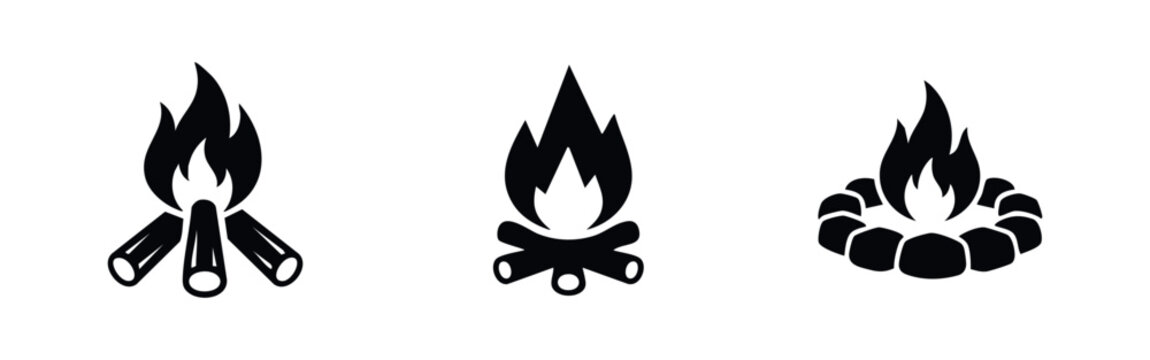 Bonfire Icons: Log, Crossed Logs, and Stone Circle