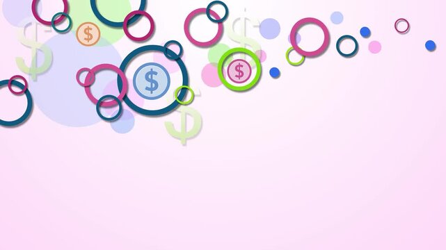 Abstract pastel background with overlapping colorful rings and dollar signs animation