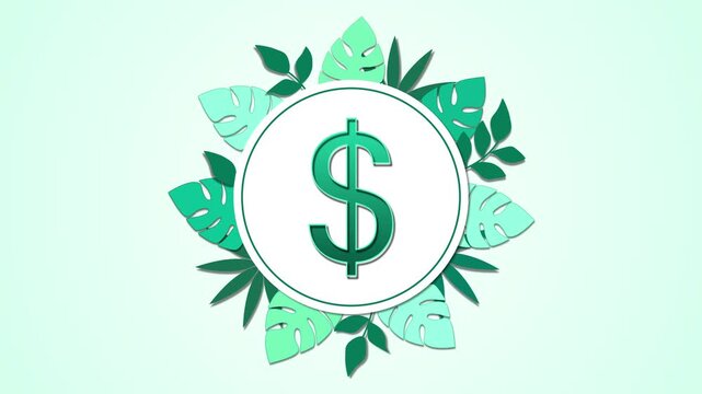 Dollar sign emblem framed by tropical leaves on soft mint background animation