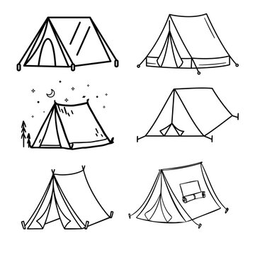 Simple Camping Tent Sketches and Line Art Set