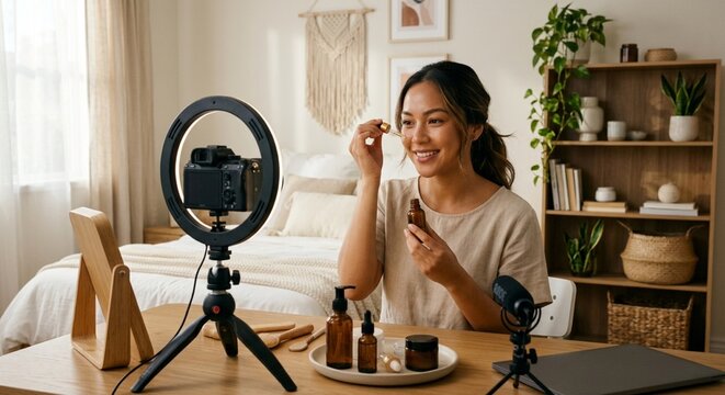 Beauty creator filming a skincare tutorial in a tidy bedroom studio