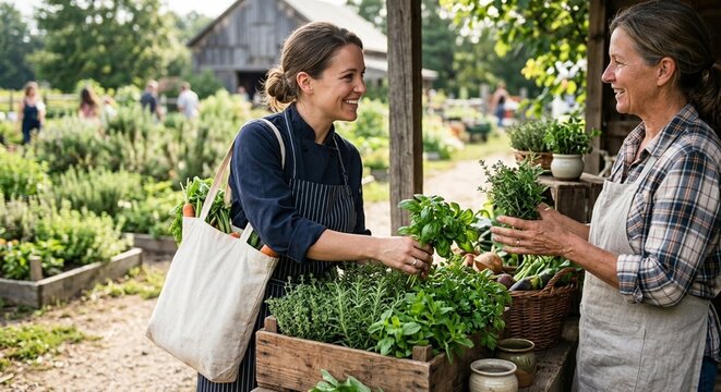 Chef buying fresh herbs from a farm stand for tonight's menu