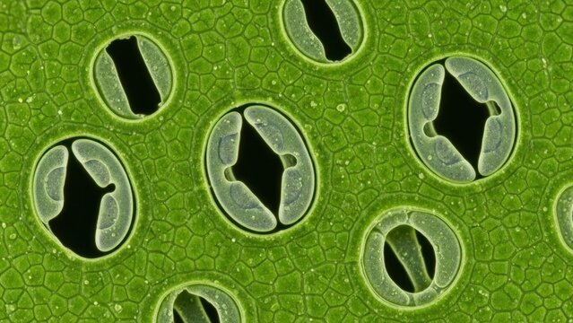 Microscopic view of plant leaf stomata showing gas exchange pores.