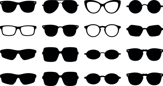 Sunglasses and eyeglasses silhouettes bundle featuring various retro vintage aviator cat eye round and modern frame shapes isolated on white background vector illustration