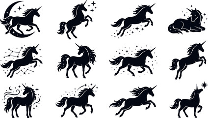 Obraz premium Vector collection of magical unicorn silhouettes featuring celestial stars crescent moon and constellations elements isolated on a clean white background