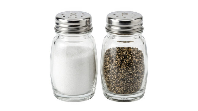 Two clear glass salt and pepper shakers with metal lids, filled with white salt and ground black pepper, isolated on a black background