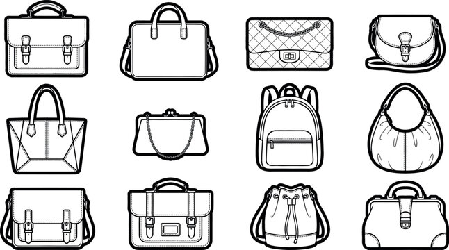 Vector set of women fashion bags icons in linear style including backpack briefcase clutch tote crossbody handbag and shoulder purses isolated on white background