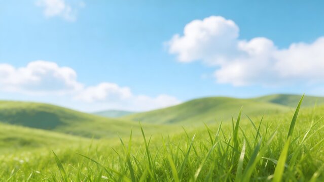 Green grass and rolling hills under blue sky