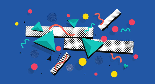 memphis style background with geometric shapes and a vibrant abstract pattern perfect for 80s retro 90s aesthetic design.