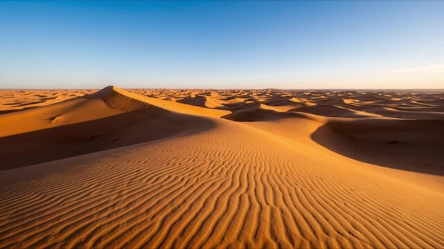 Desert sand dunes stretch endlessly under a vivid blue sky with warm golden light casting sweeping shadows across sculpted rippled ridges