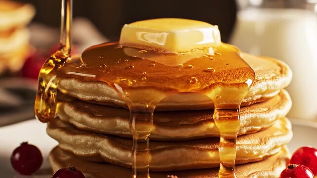 Syrup pouring over a stack of pancakes with butter