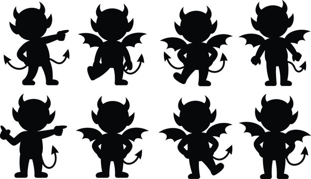 Playful devil silhouettes set, eight small imp characters in varied poses, horns, tails, wings, minimalist vector icons for Halloween