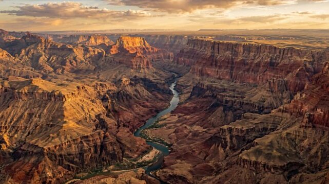 Grand Canyon reveals its breathtaking layered red rock formations and winding Colorado River far below under a dramatic golden sunset sky