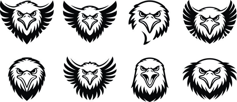 Set of Eight Bold Eagle Head Vector Logos, Black and White Stylized Emblems Representing Strength, Freedom, and Fierce Determination