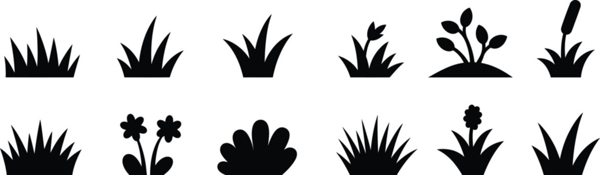 Set of twelve black plant silhouette icons, grass, flowers, bushes, sprouts, botanical vector symbols for minimalist design