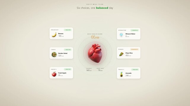 Balanced diet achieved meal plan dashboard with breakfast lunch dinner snacks hydration and heart health stamp
