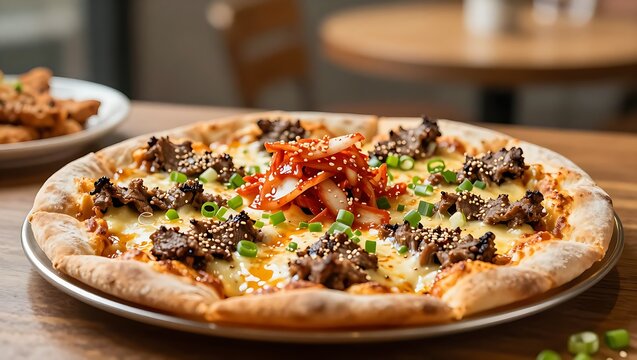 Korean bulgogi pizza with marinated beef and kimchi in Seoul