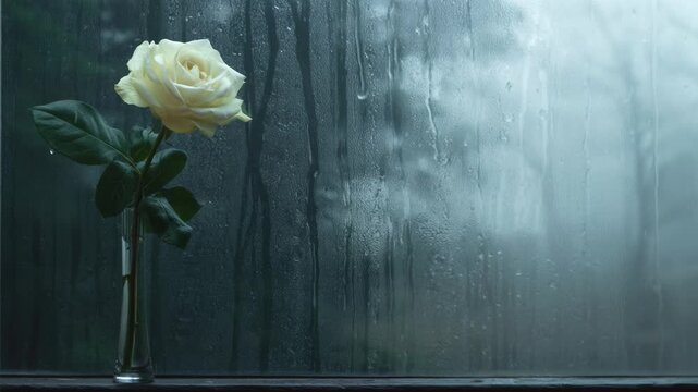 White rose in glass vase on window sill with rain droplets on glass. Rainy day wet window pane background. Melancholy moody atmosphere