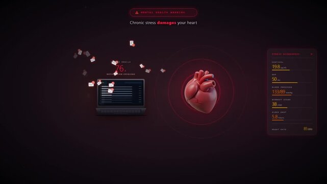 Mental health warning interface with chronic stress damaging heart from work emails and burnout biomarkers
