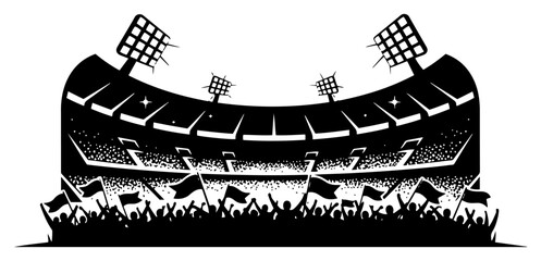 soccer stadium filled with cheering fans waving flags under bright floodlights in dramatic black and white graphic style © Cristiano