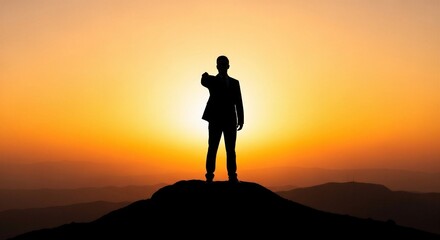 Fototapeta premium Silhouette of a businessperson standing on a hilltop with arm outstretched at sunset human figure man suit business attire