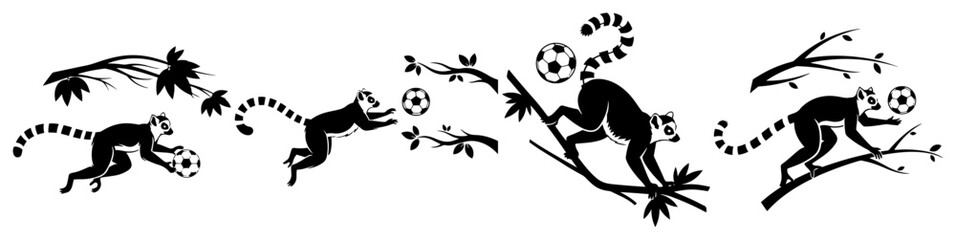 Lemur monkeys playing soccer with footballs on tree branches black and white vector silhouette © Cristiano