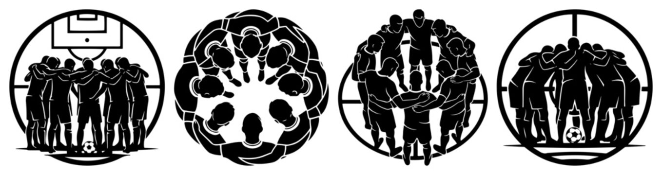 soccer team huddle icons set for sports club logo in black and white silhouette style