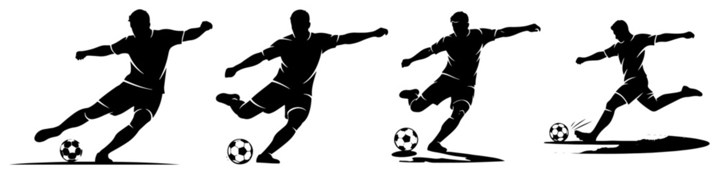 soccer player kicking ball sequence showing different motion poses in black and white silhouette style