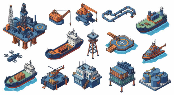 Isometric Illustrations of Various Oil Rigs, Ships, and Industrial Equipment.