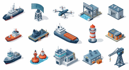 Isometric illustrations of various ships, boats, and maritime structures. © Fahri