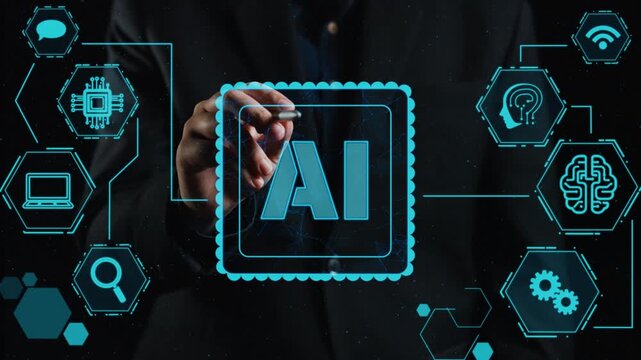 A businessman illustrates the concept of artificial intelligence with a digital interface, showcasing various technology icons that represent innovation and future advancements. Cipher