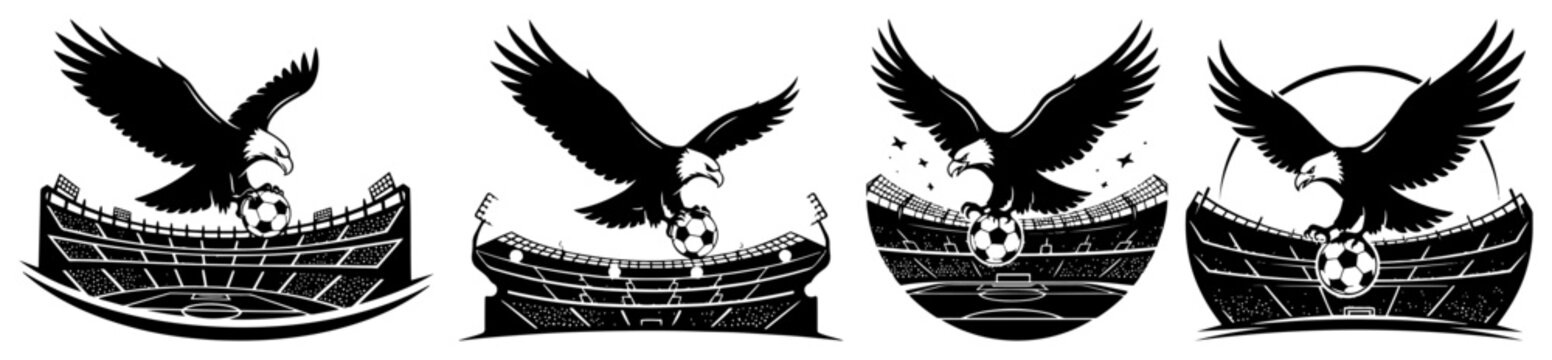 eagle soaring over soccer stadium holding ball mascot logos set in black and white silhouette style
