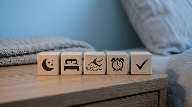 Sleep hygiene wooden blocks with evening icons on bedside table for healthy rest routine.